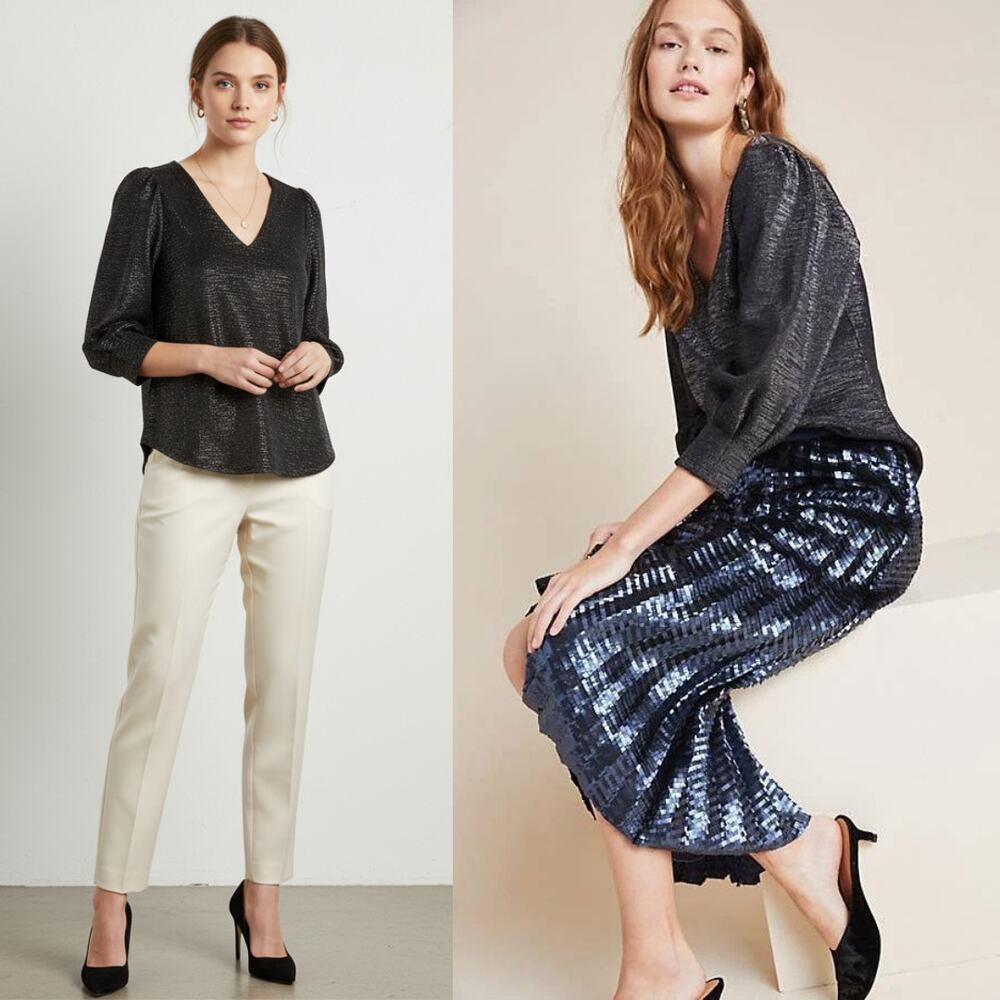 Anthropologie RO & DE Cassidy V-Neck Long Sleeve Metallic Shimmer Blouse Small